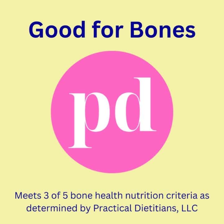 yellow square with pink circle containing letters pd for Practical Dietitians and headline Good for Bones