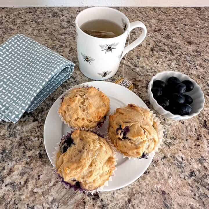 A small, round white plate holds 3 blueberry muffins next to a cup of tea .