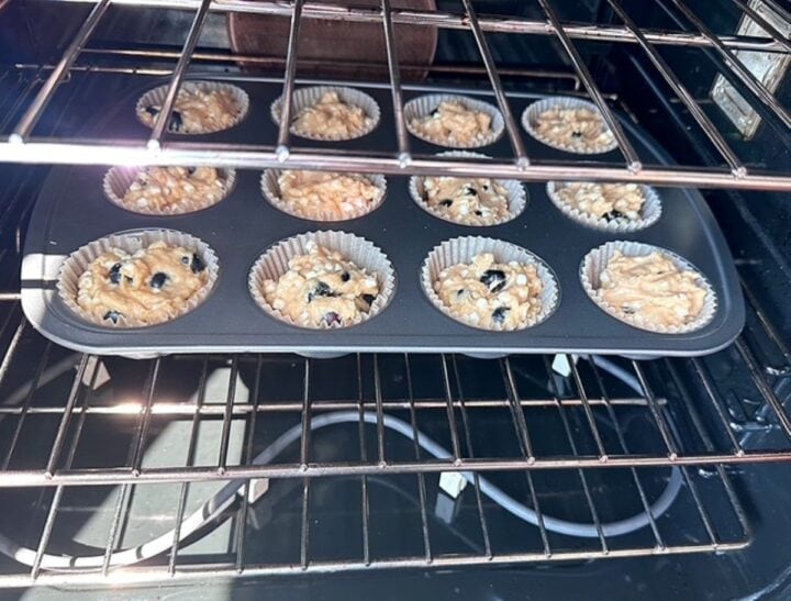 Blueberry muffins bake in a dark oven.