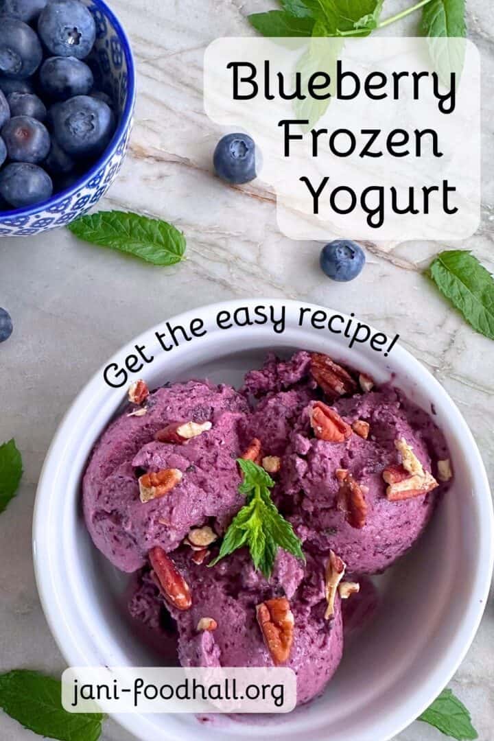 A white ramekin holds three scoops of purplish blueberry frozen yogurt, topped with brown chopped pecans and mint.
