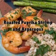 A pile of pink shrimp with green parsley flecks lie on a pottery plate with green asparagus and brown rice.