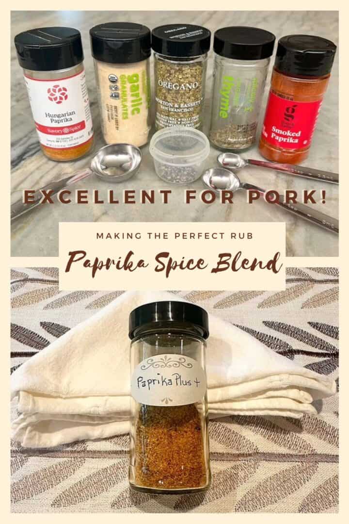 Image with a row of spice bottles including two paprikas on top and one jar of all the spices blended together on the bottom.