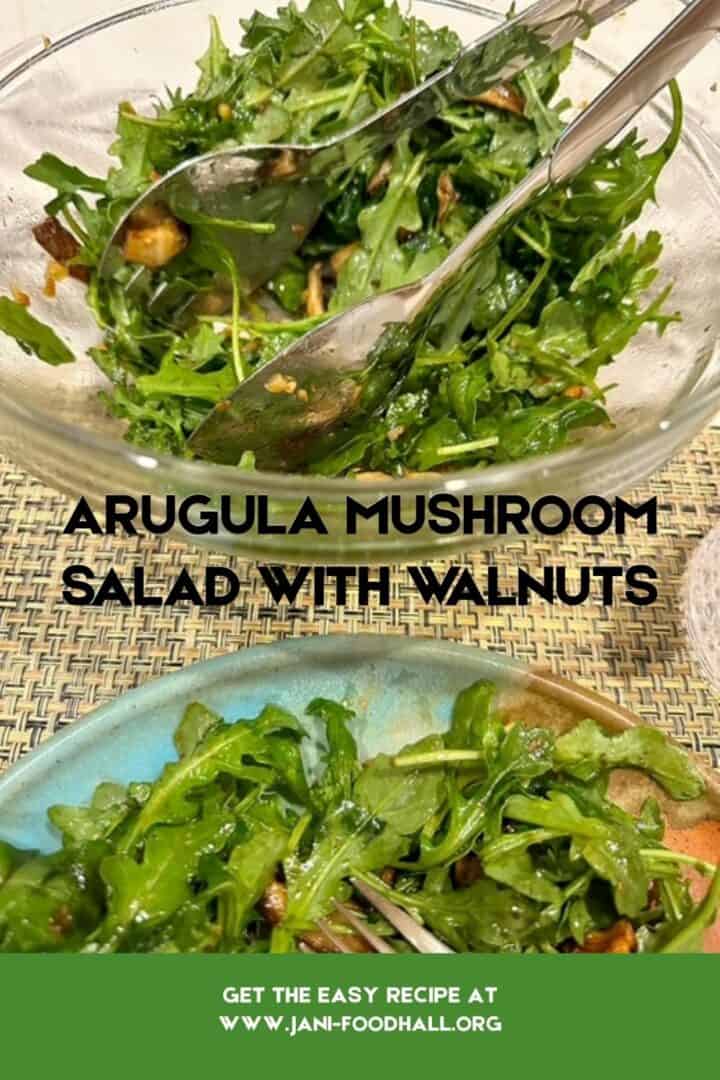 Scalloped dark green arugula leaves in a clear bowl and on a plate with brown mushrooms and walnuts.