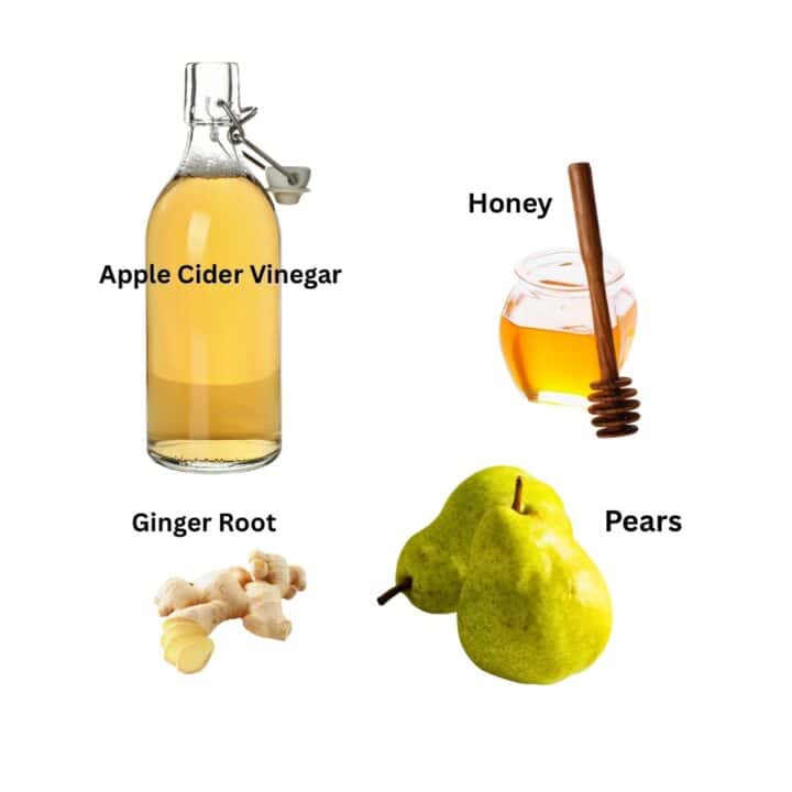 Apple cider vinegar, honey, ginger root, and pears on a white background, ingredients for a seasonal shrub beverage.