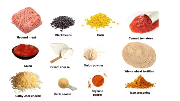 Taco pie ingredients including pink ground meat, yellow corn, black beans, orange and white spices, and brown wheat tortillas.