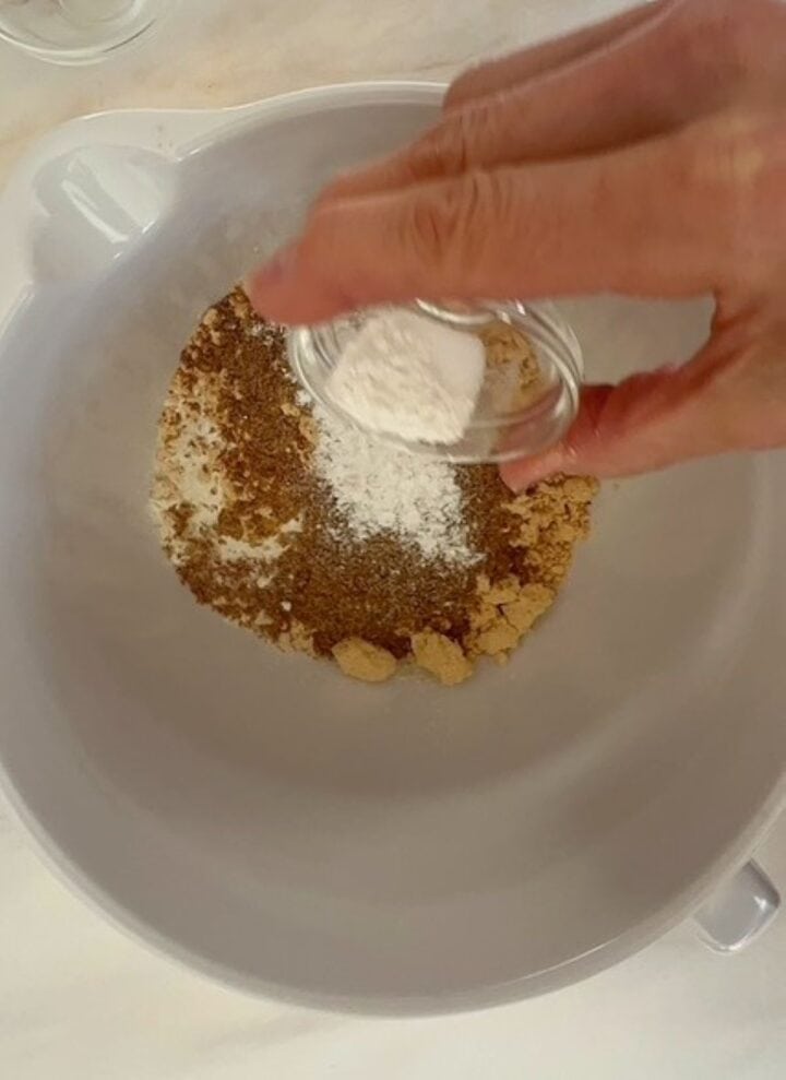 A mix of flours, peanut butter powder, dark ground flax, white baking powder needed for Banana Peanut BUtter Powder Muffins.