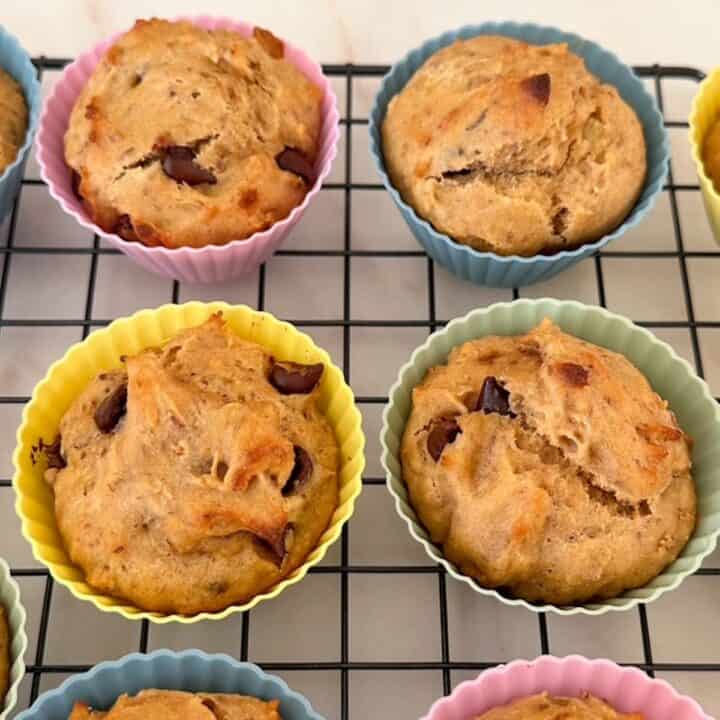 Chocolate chip stud peanut butter powder banana muffins in colorful silicone liners on a dark cooling rack.