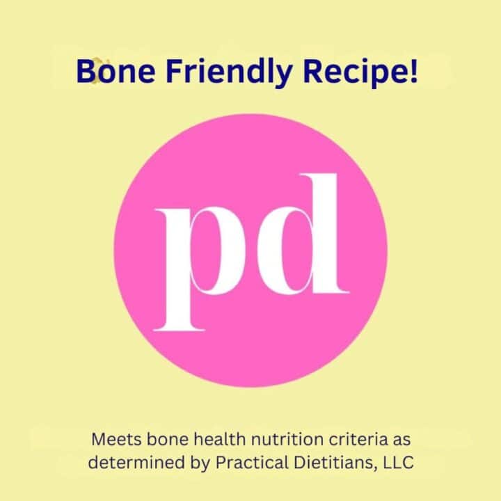 Yellow square with center pink circle with letter pd for Practical Dietitians (bone health).