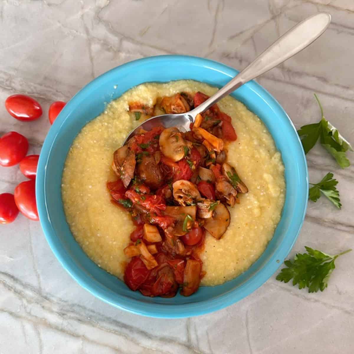 Baked Polenta with Mushrooms & Cherry Tomatoes