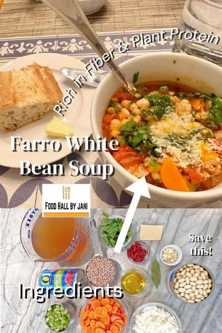 A large white cup of white bean and farro soup with photos of ingredients shown on the bottom.