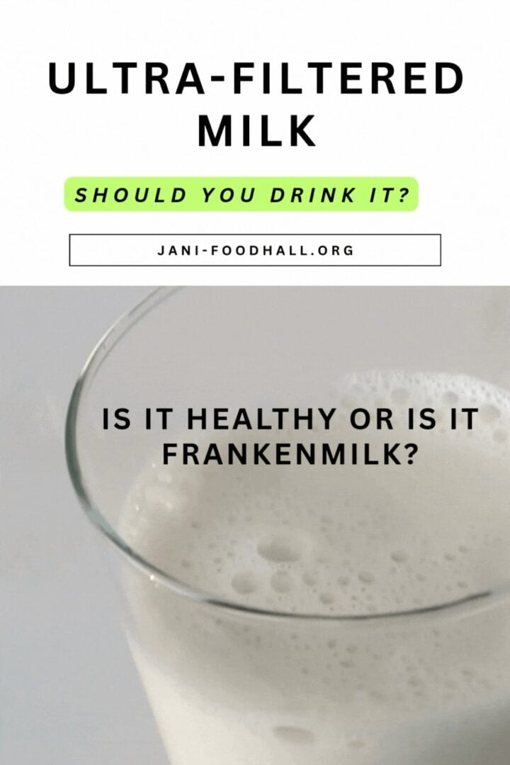 Clear glass of milk with text in the white foam of the milk talking about ultra-filtered milk.