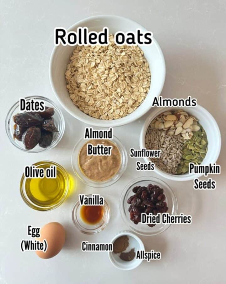 Ingredients needed for no sugar granola including dates and oats.