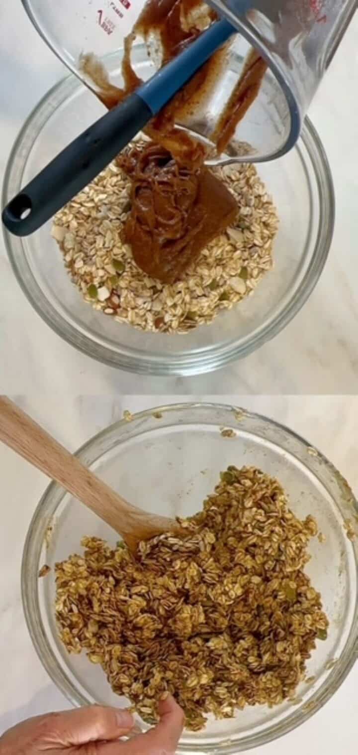 A mound of brown date paste is mixed into oat mixture for granola.