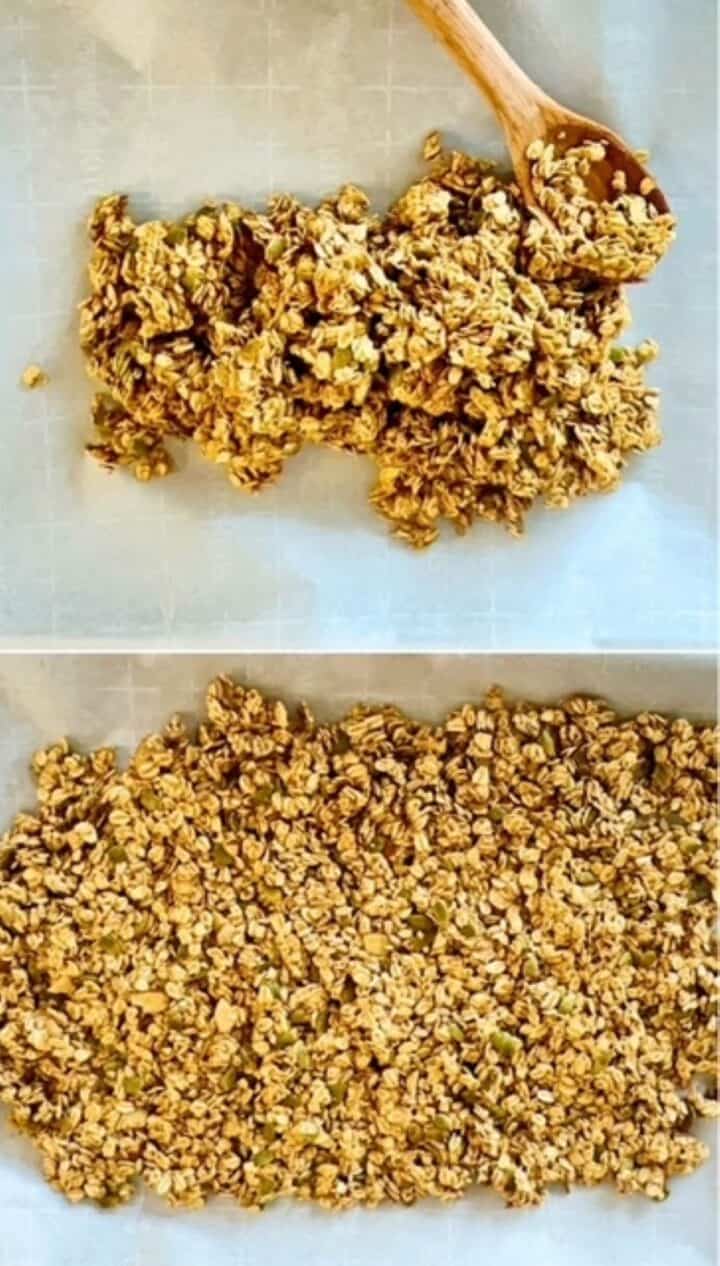 Sticky, raw granola mixture on parchment: a heap and flattened for baking.