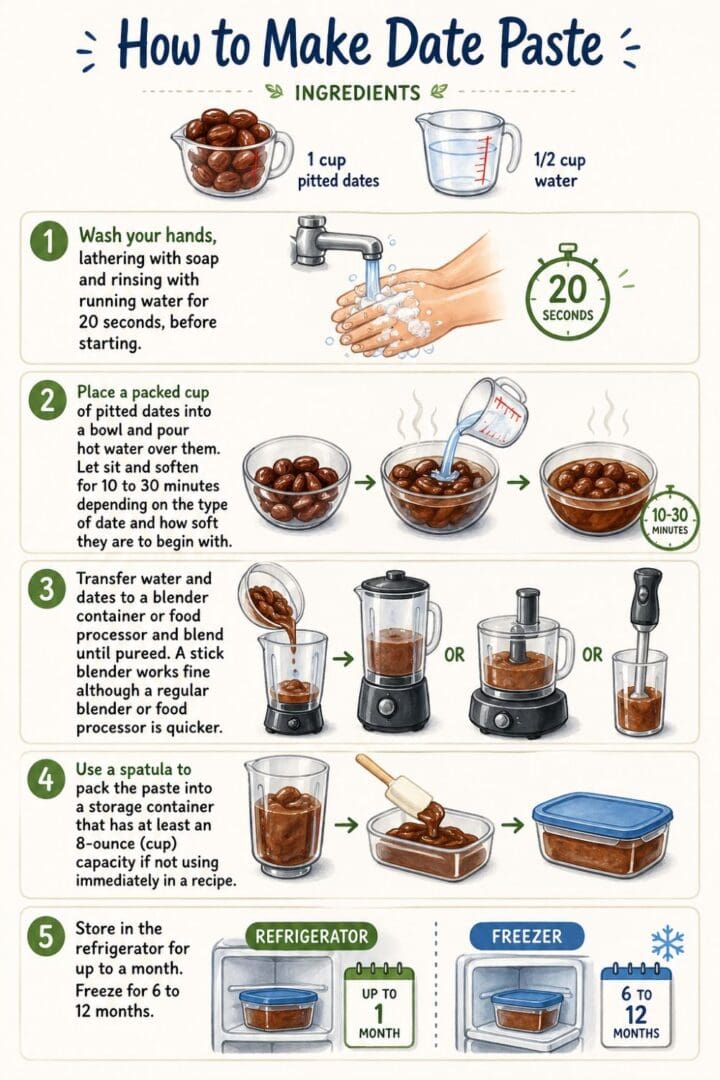 Infographic with illustrated steps for making date paste.