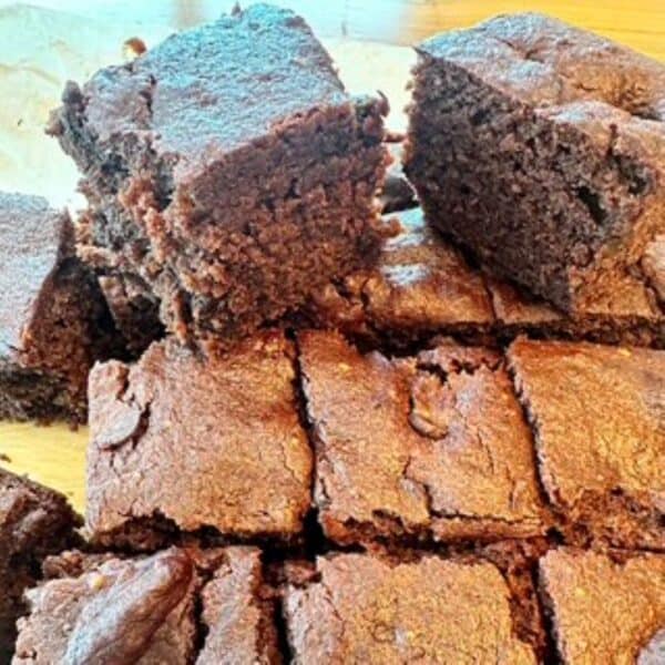 Close view of small dark chocolate brownie squares sweetened with date paste instead of sugar.