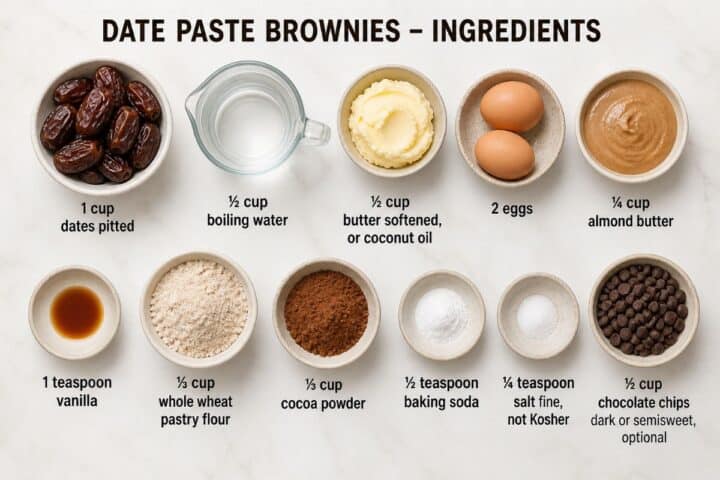 Cocoa powder, flour, eggs, butter, date paste, etc ingredients for no-sugar brownies.
