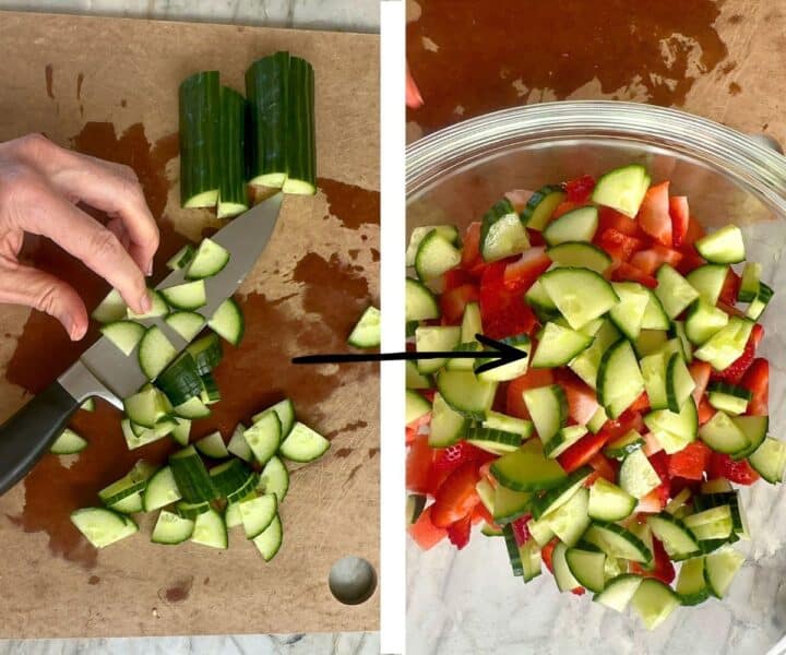 Green and white cucumbers, quartered and sliced into thin pieces on a brown cutting board and added to a bowl of watermelon-strawberry salad.