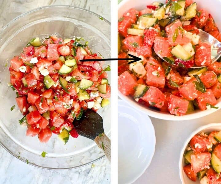 Clear bowl full of watermelon-strawberry-cucumber-feta salad ready to spoon into small white bowls.