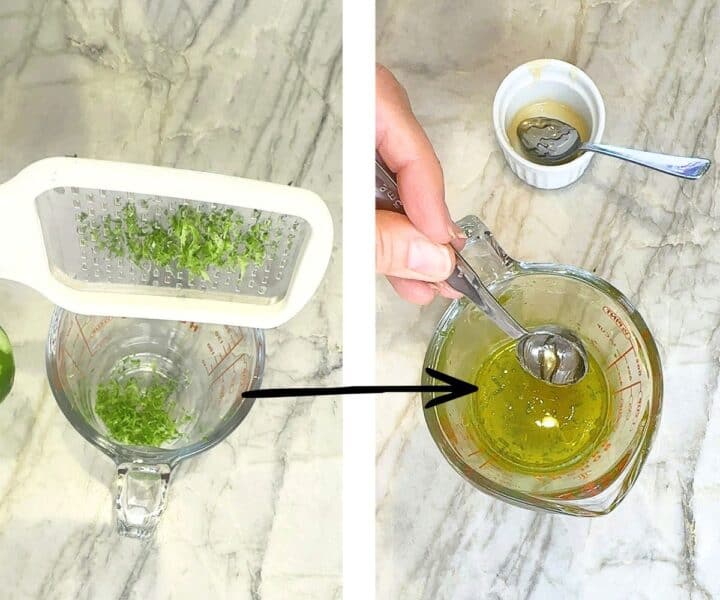 Grating green lime zest and whisking it in a clear measuring cup with other dressing ingredients for watermelon salad.