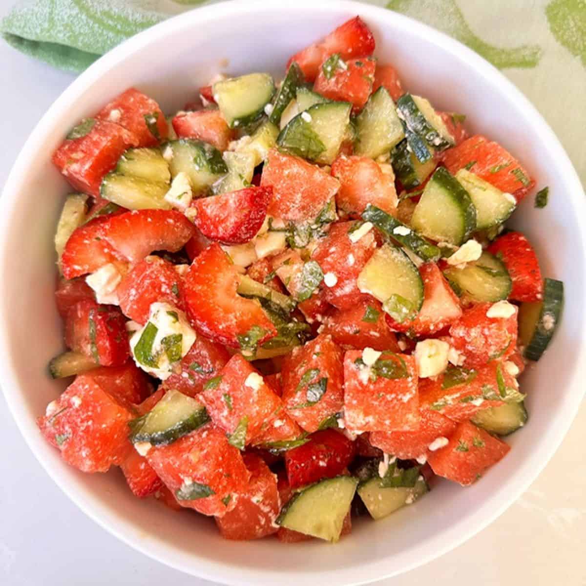 Watermelon Strawberry Cucumber Salad with Feta and Mint