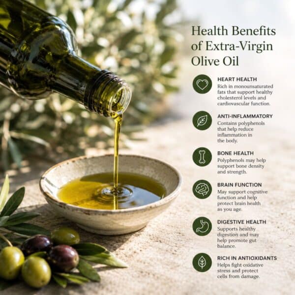 Graphic showing extra-virgin olive oil poured into bowl with text listing benefits including bone health.