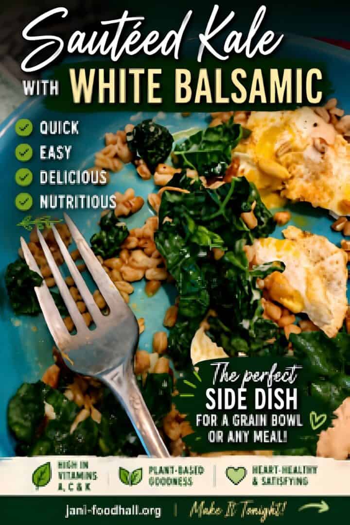 Blue bowl with green kale, pieces of over-easy egg, and brown farro grains with headline describing the kale,