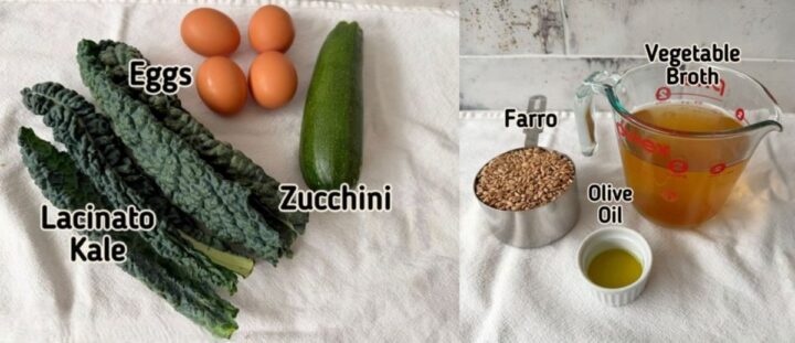 Farro, broth, kale, zucchini, an eggs needed to make a breakfast bowl meal.
