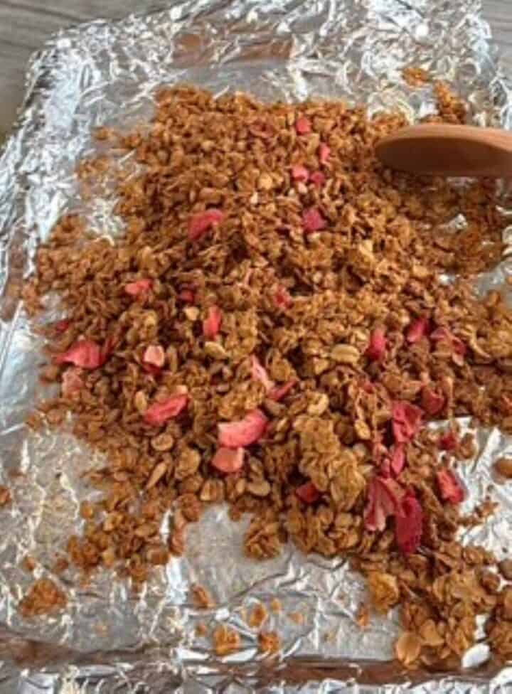 Mixing freeze-dried strawberries into pb&j granola with peanut butter powder.