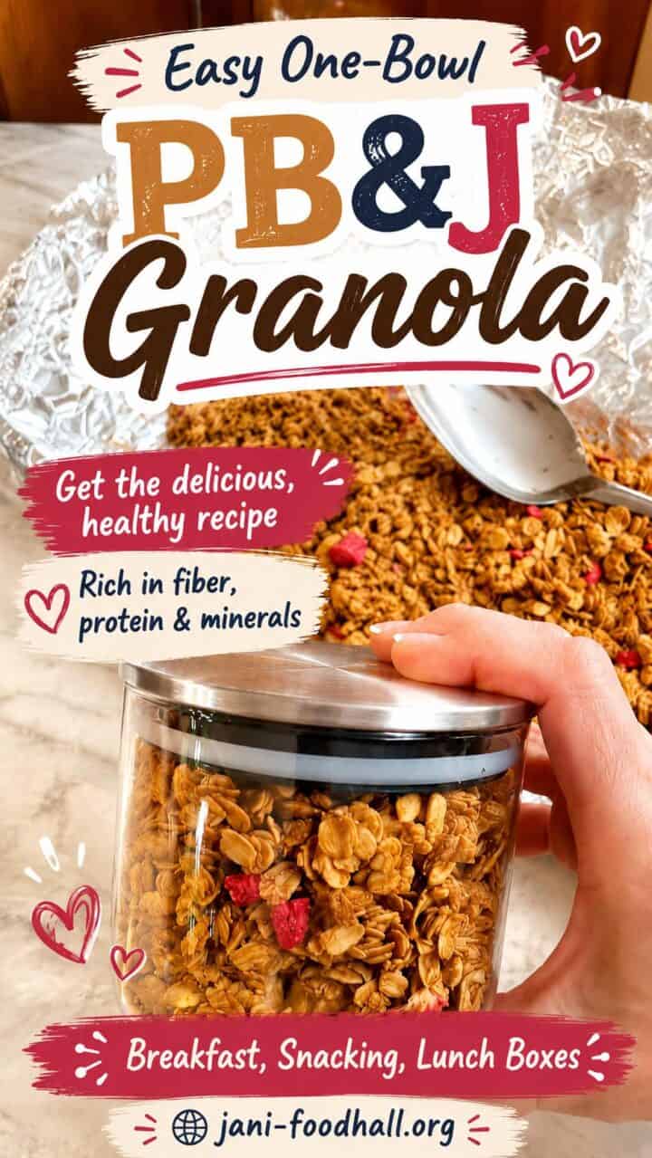 Round clear jar filled with peanut butter granola with red freeze-dried strawberries with text describing how easy, delicious, and nutritious it is.