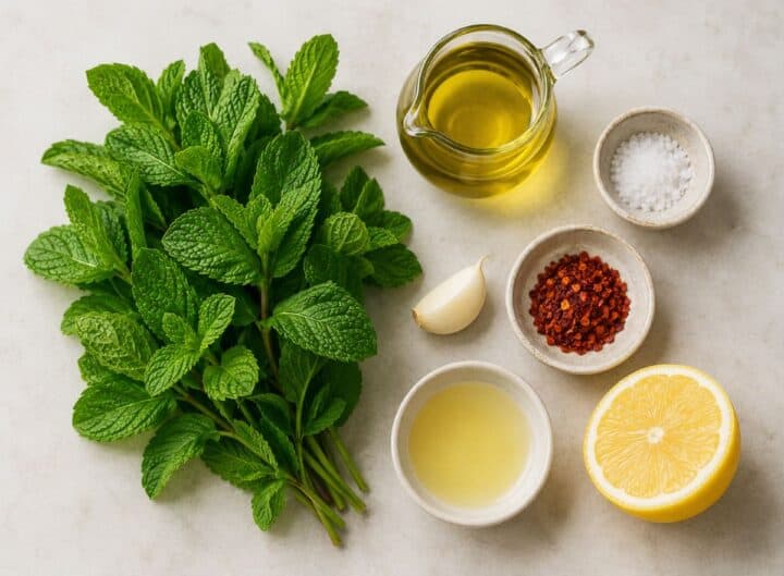 Fresh green leafy mint, half a lemon, olive oil, garlic, a other ingredients needed for mint gremolata,