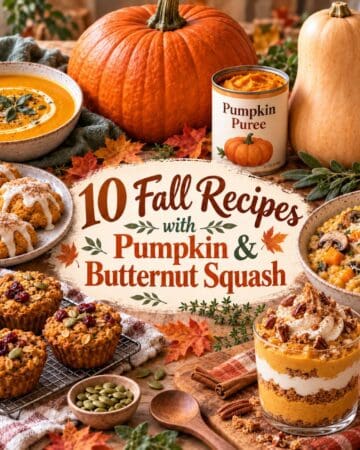Pumpkin, butternut squash, and canned pumpkin puree with soup, cookies, risotto, and other items made with with them.