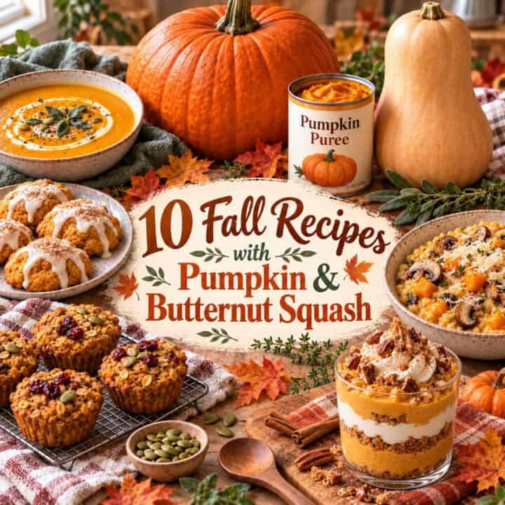 Pumpkin, butternut squash, and canned pumpkin puree with soup, cookies, risotto, and other items made with with them.