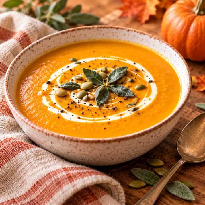 Bowl of deep orange pumpkin soup with sage leaves and pumpkin seeds on top.