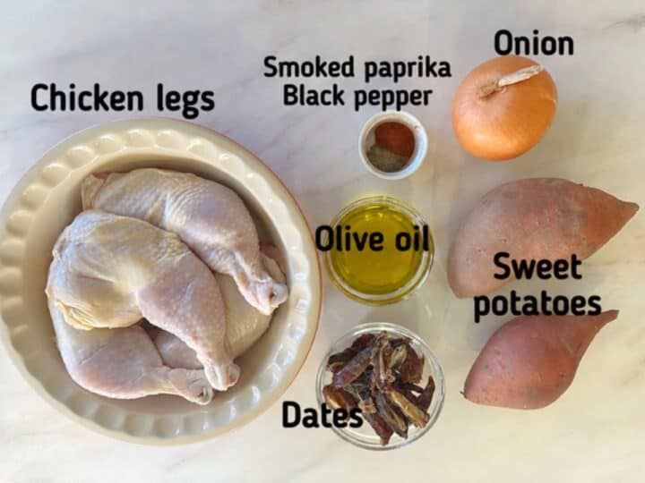 Ingredients for savory chicken legs with sweet potatoes and vegetables.