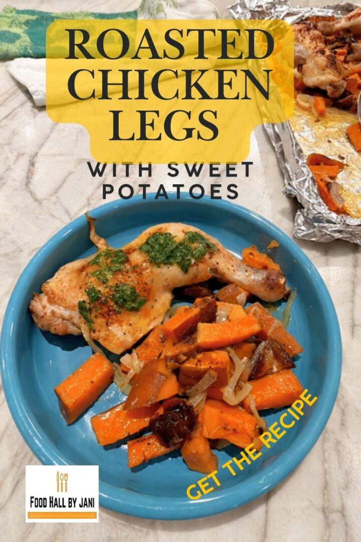 Round green plate with a whole roasted chicken leg and sweet potato chunks.